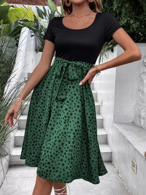 midi dress in rust with leopard and ribbed
