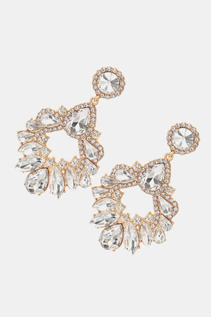 Jeweled chandelier drop earrings in transparent with gold alloy setting.