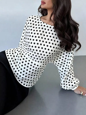blouse in Brown with polka dot and elastic cuffs