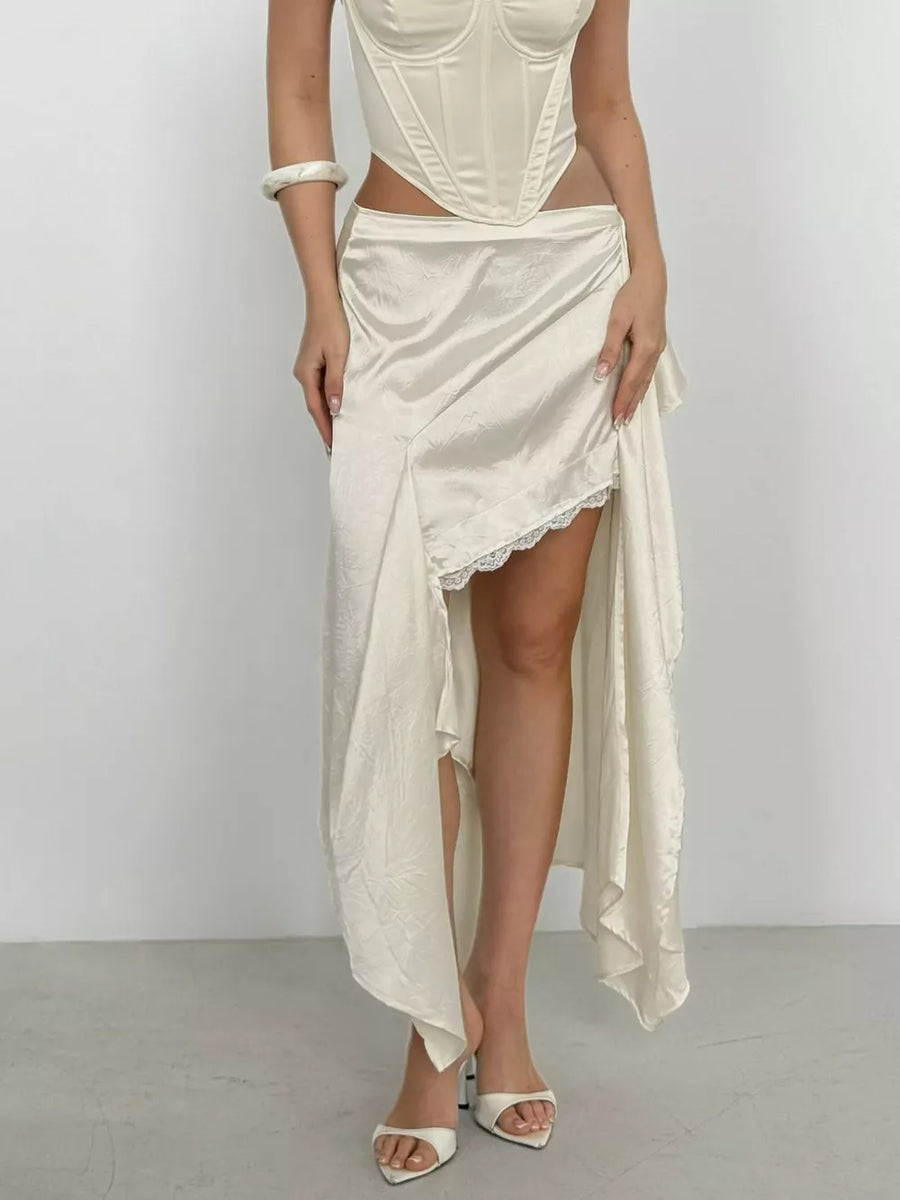 midi skirt in ivory with lace detail and midi