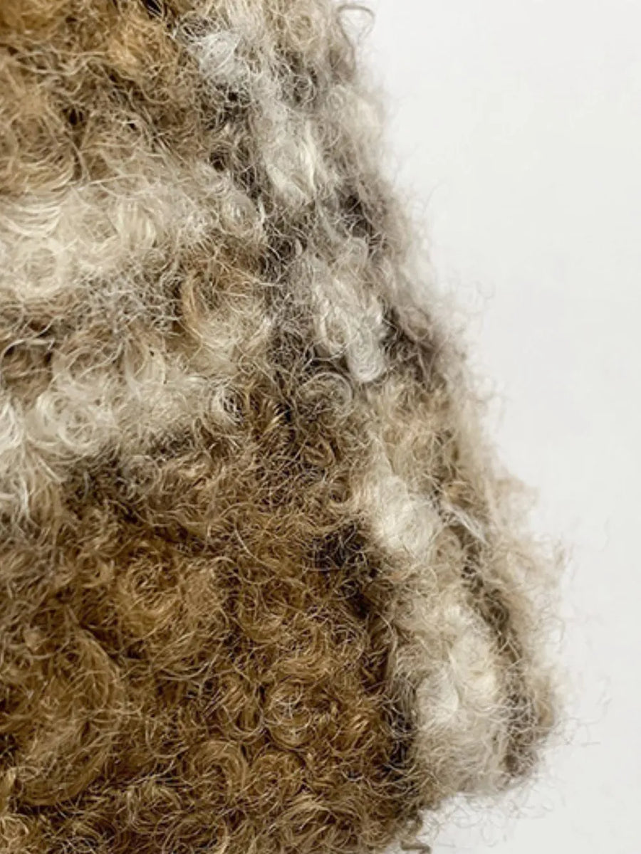 Shearling check mini shoulder bag in brown and gray textured curly wool.