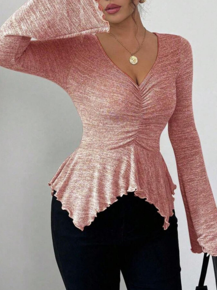 Khaki peplum top with hip-length and pullover