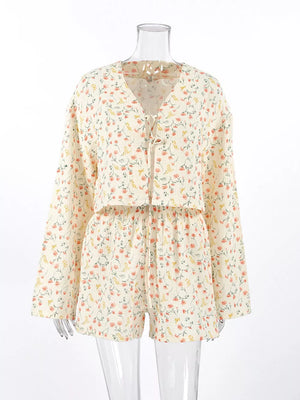 Floral lounge set with cropped top, mini shorts and tie