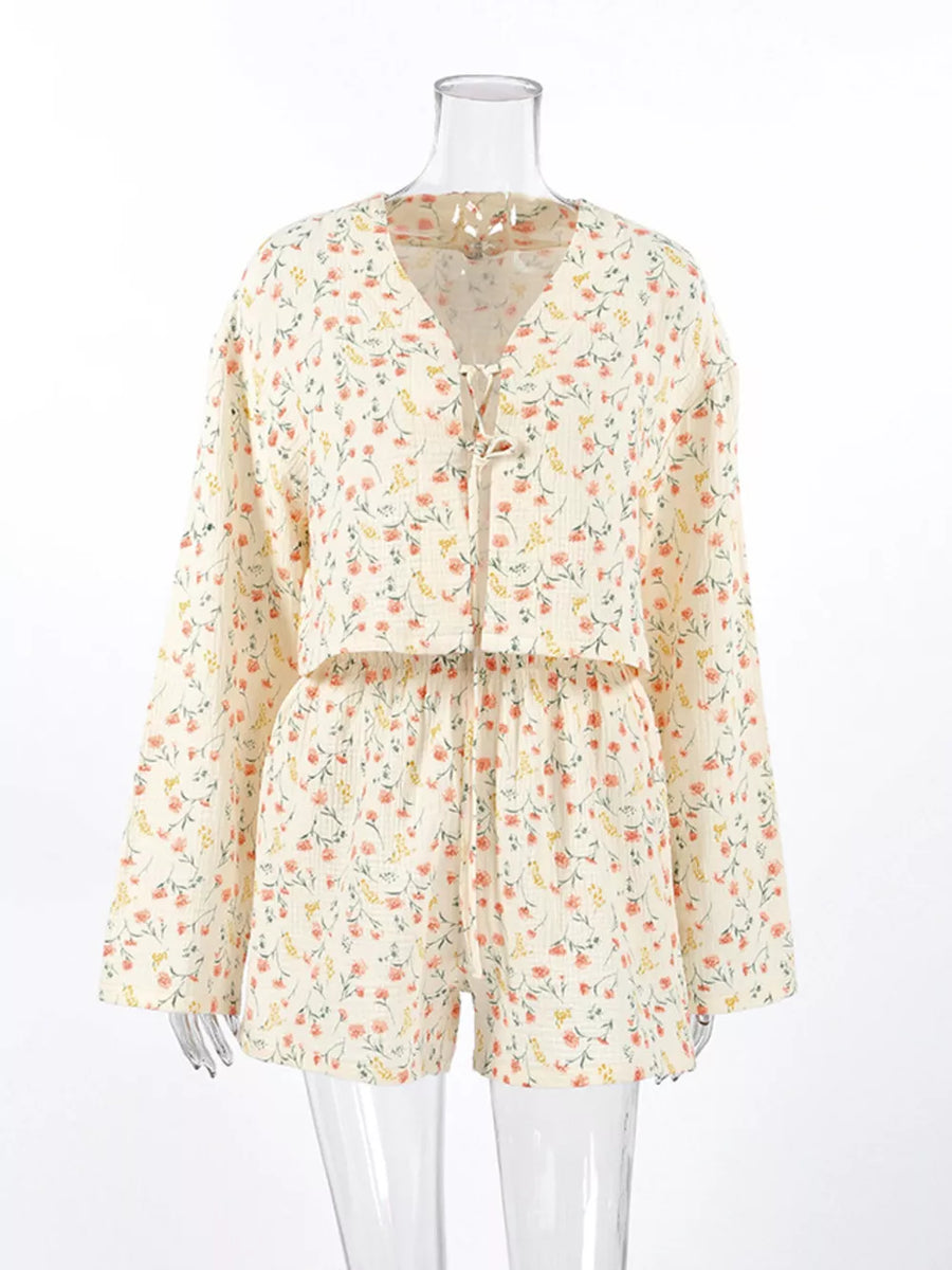 Floral lounge set with cropped top, mini shorts and tie