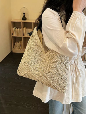 Cream White with Woven Straw Shoulder Bag in Cream White