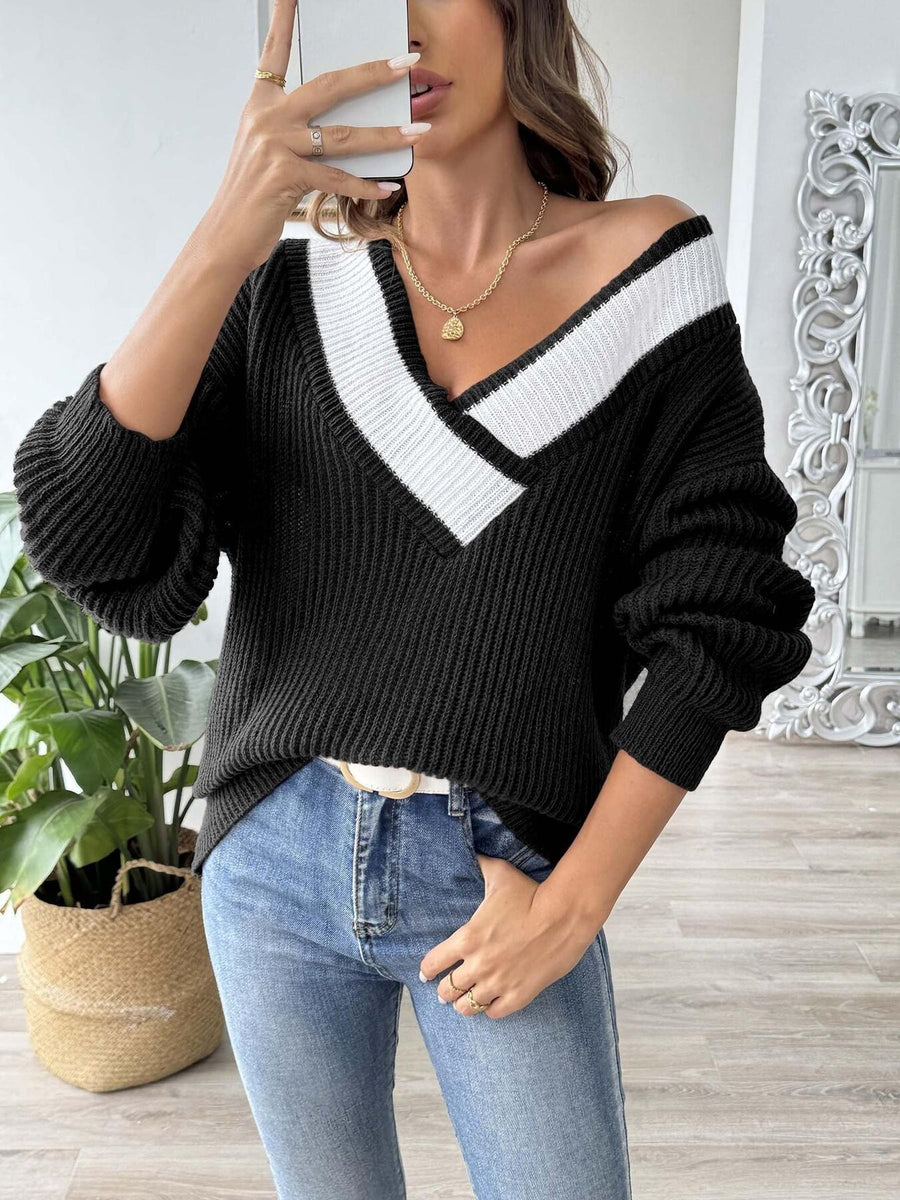 chocolate brown v-neck sweater with pullover and color-block