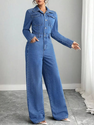 Button Front Long Sleeve Denim Jumpsuit option 4