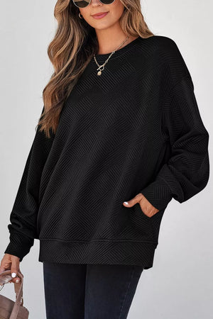 black sweatshirt with hip-length and pullover