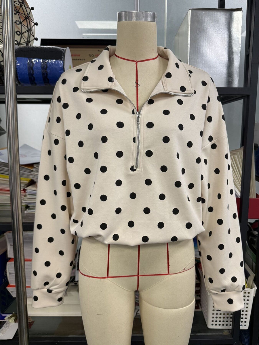 Coffee Brown sweatshirt with half-zip and polka dot