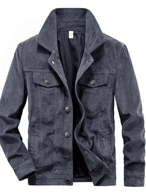 Grey corduroy button-down jacket with chest pockets and button closure.