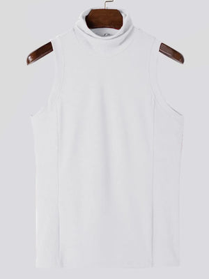 White ribbed sleeveless turtleneck shirt with a high neckline.