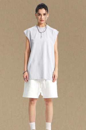 Boxy shoulder cut tank top in light gray with a relaxed fit.