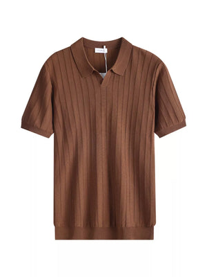 Brown ribbed knit polo shirt with short sleeves and a classic collar.