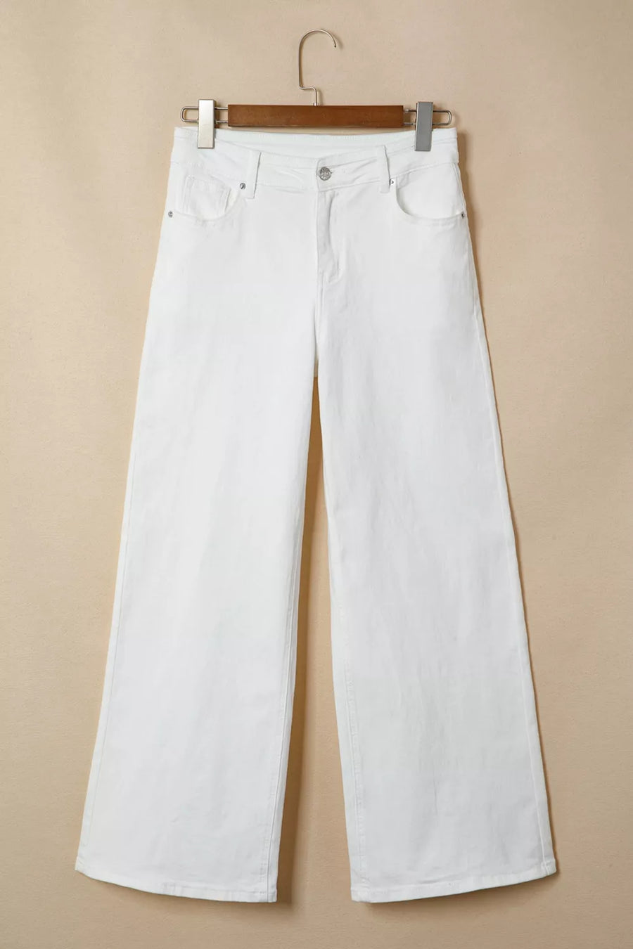 White denim casual wide-leg high-waisted jeans with button fly.