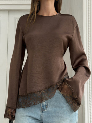 100% polyester Care instructions: Machine wash cold blouse in chocolate brown with relaxed silhouette