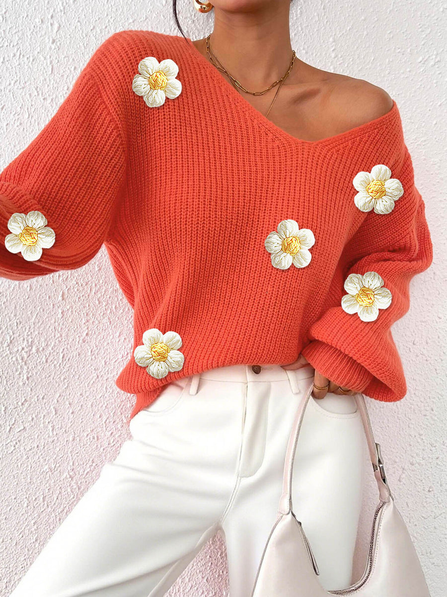v-neck sweater in Khaki with floral and ribbed
