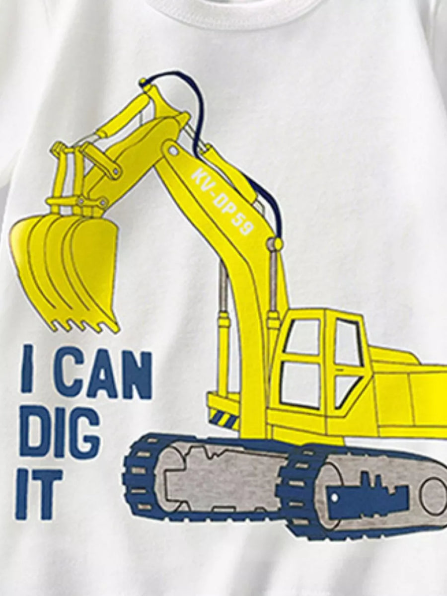 White t-shirt with yellow excavator graphic and "I CAN DIG IT" text.