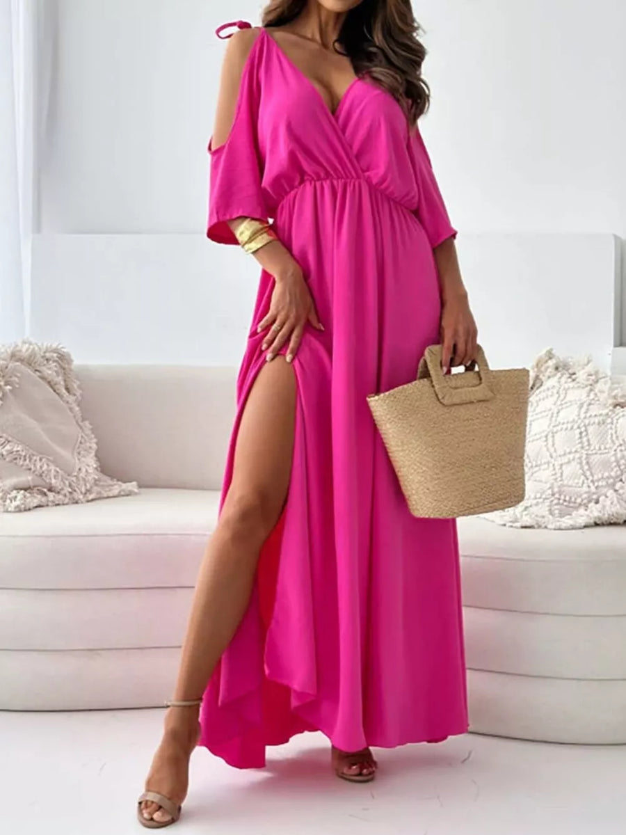 romantic maxi dress in White with v-neck