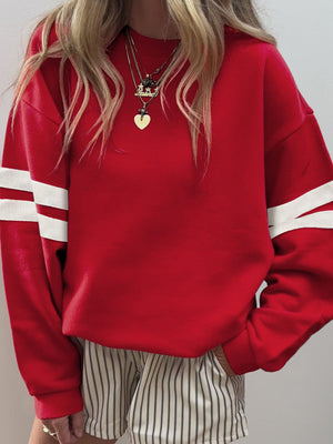 red sweatshirt with striped and crew neck