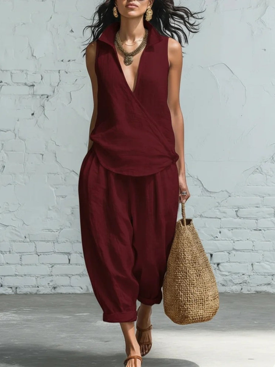 Crimson relaxed two-piece set with collared, deep v-neck