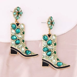 emerald green earrings featuring rhinestone embellishment and geometric
