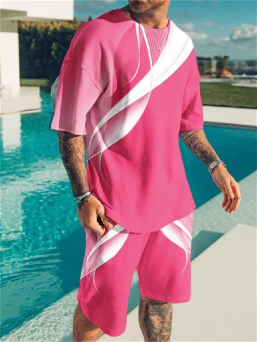 Men's pink graphic print t-shirt and shorts set, short sleeve, crew neck, relaxed fit.