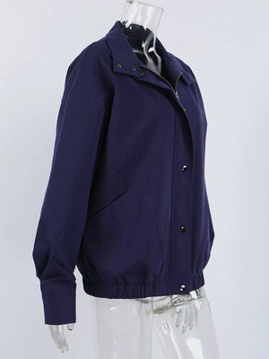 navy blue bomber jacket with zipper and long sleeve