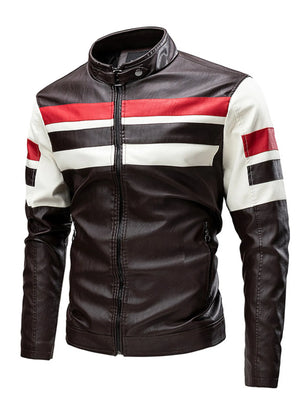 Plus-size brown leather moto jacket with red and white stripes on chest and sleeves.