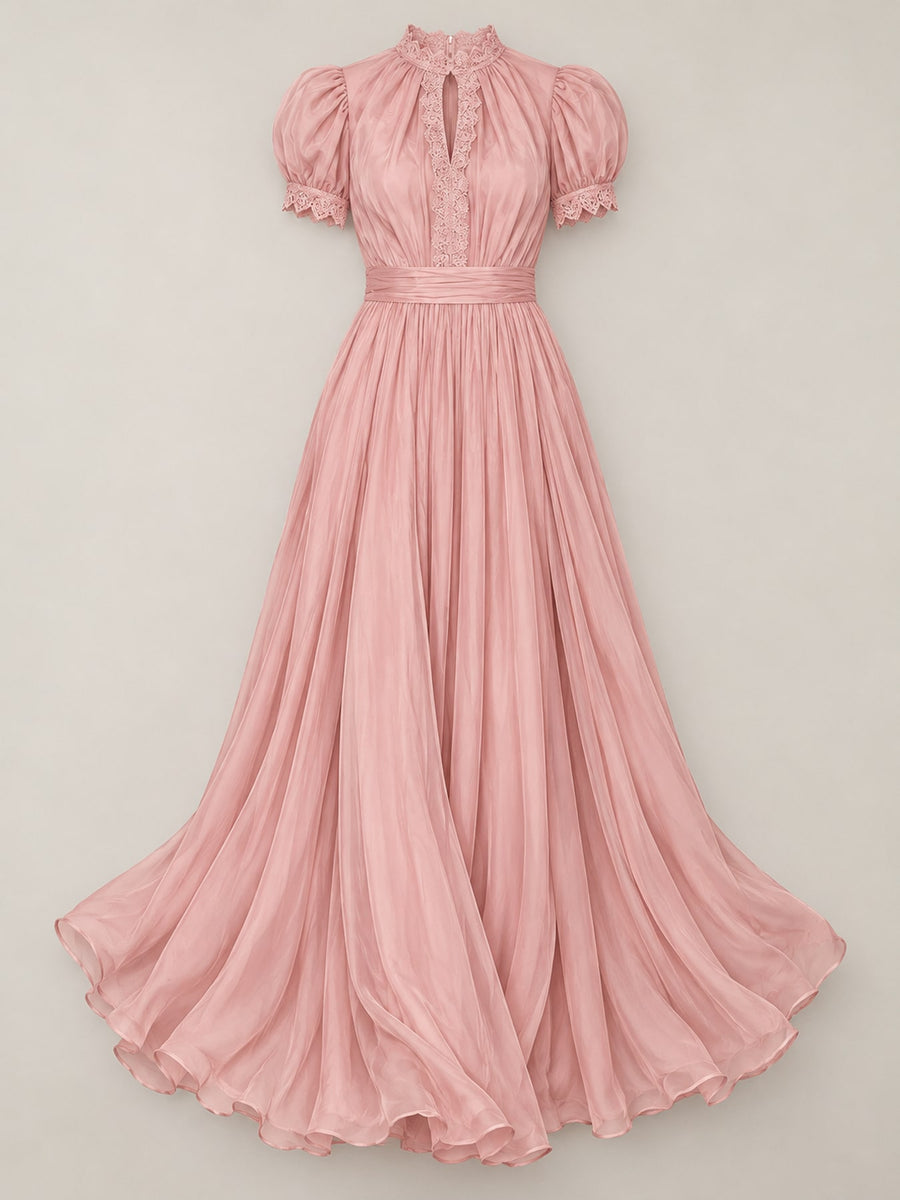 Elegant Sheer Chiffon Mock-Neck Maxi Dress in plum with lace detail