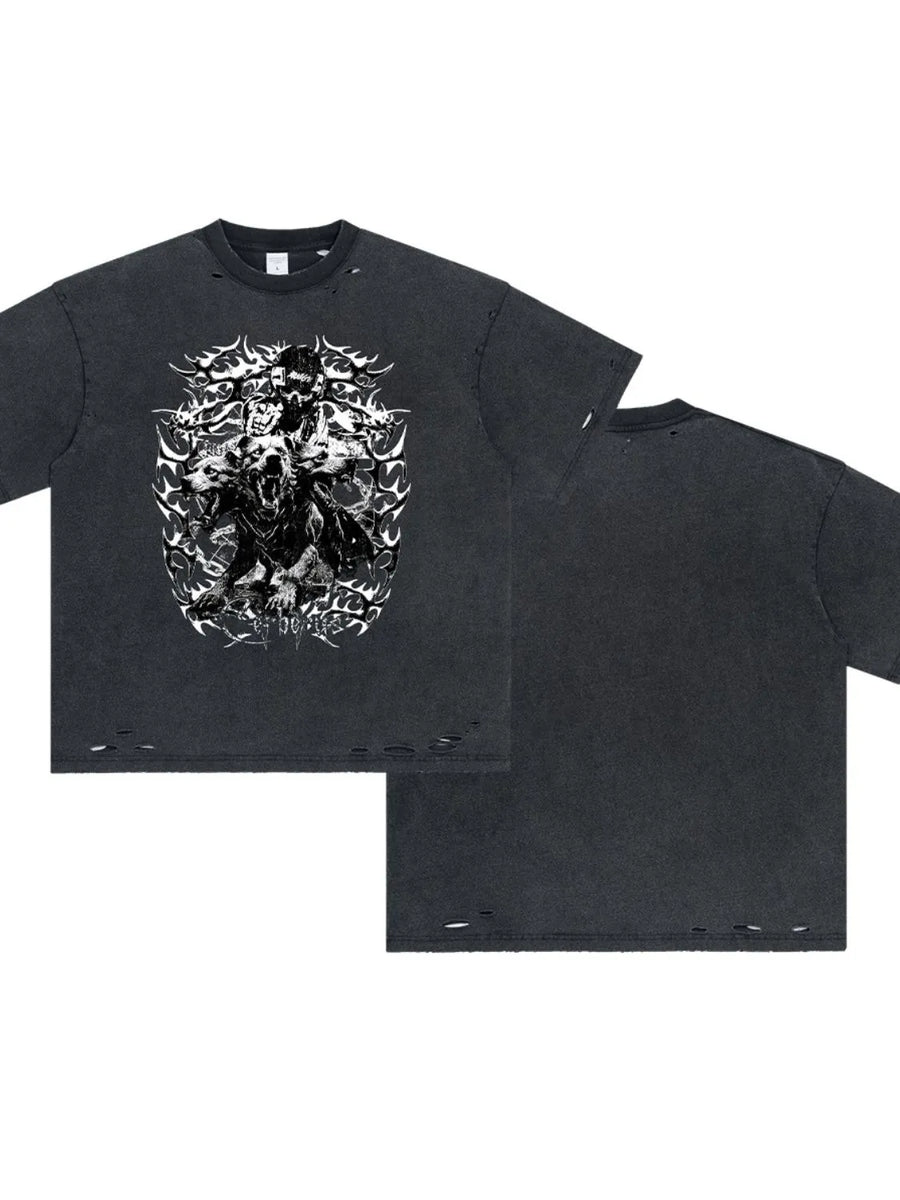 Black oversized graphic tee with distressed details and a mythical creature print.