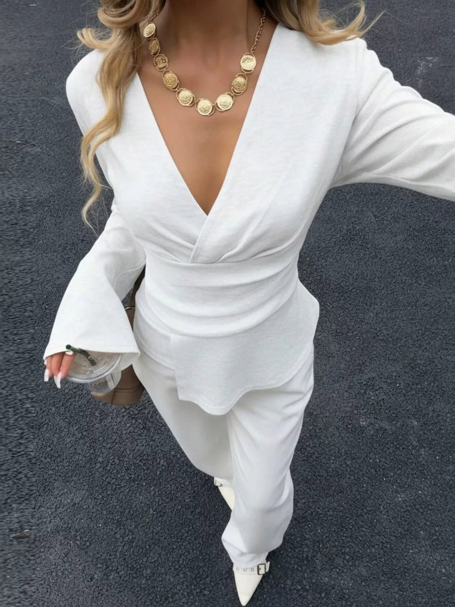 Milky White with Elegant V-neck Wrap Asymmetrical Blouse