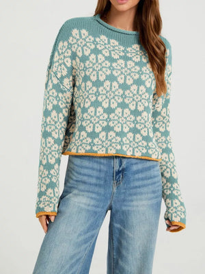 teal pullover sweater with floral and crew neck
