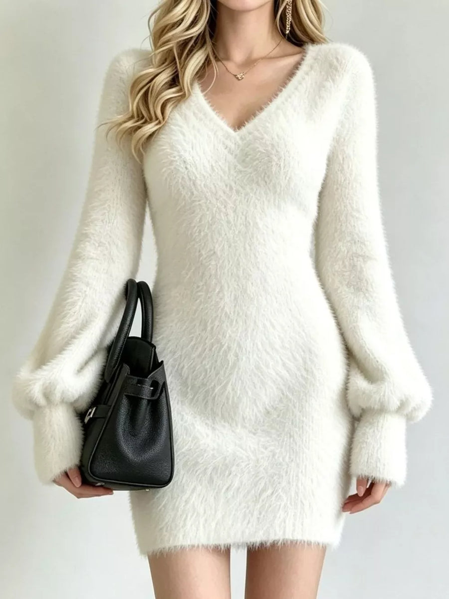 V-neck Fuzzy Knit Sweater Dress in Lavender with stretch