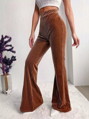 Caramel flare pants featuring high-waisted and ribbed