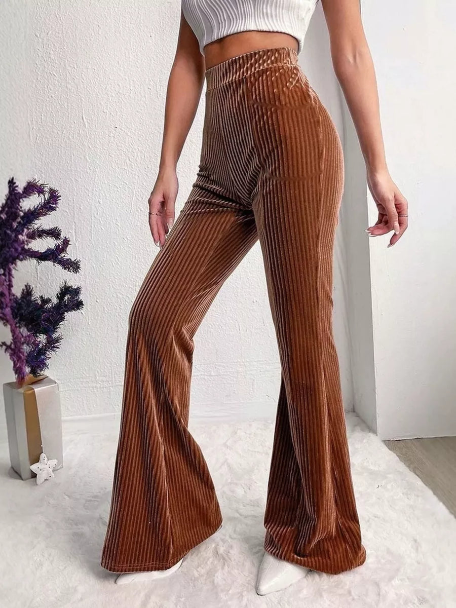 Caramel flare pants featuring high-waisted and ribbed