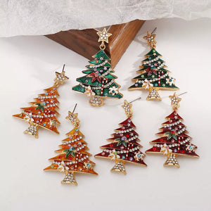 Enchanted Holiday Tree Earrings in yellow, red, and green with rhinestone details and gold stars.
