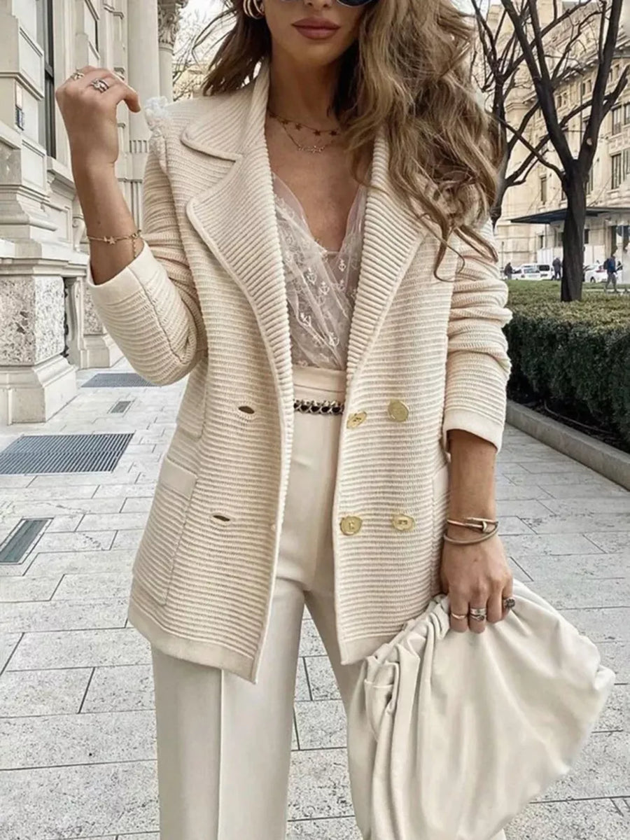 Apricot blazer featuring buttoned and ribbed