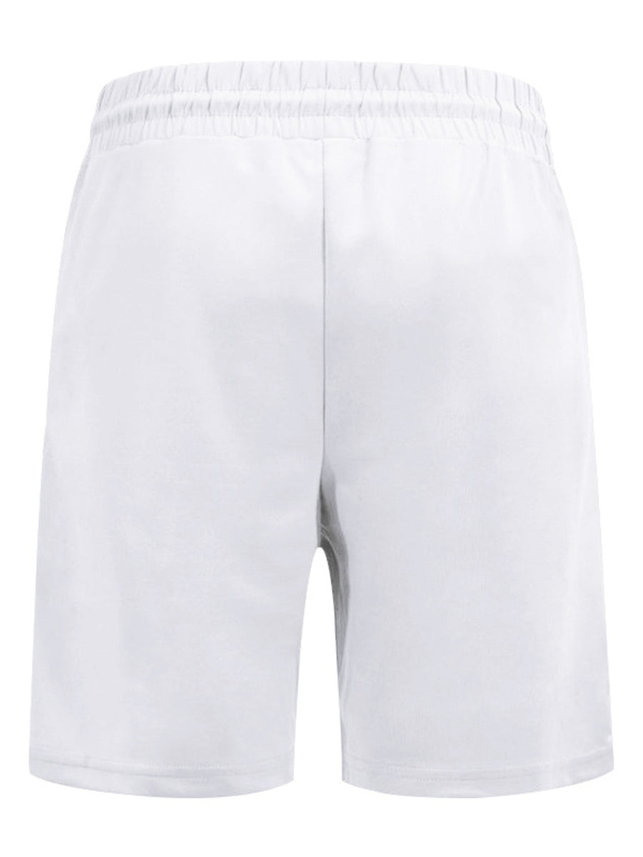 White pajama shorts with elastic waistband and drawstring detail.