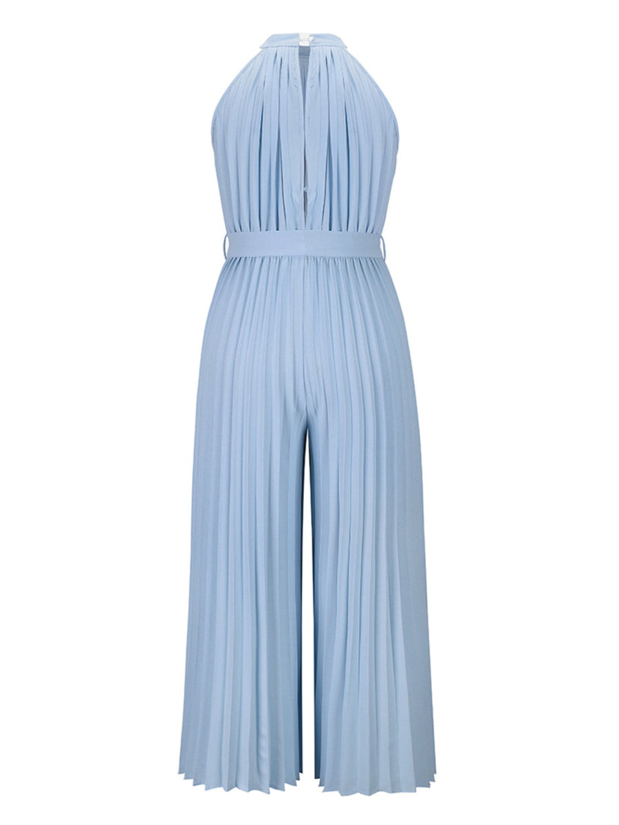 Light blue halter neck pleated palazzo jumpsuit with belted waist and wide legs.
