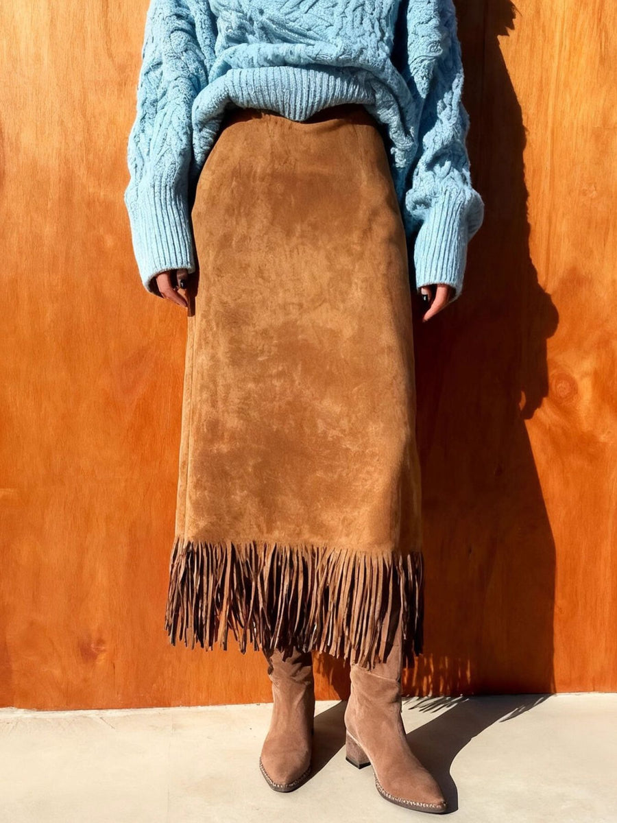 midi skirt in camel featuring high-waisted and straight fit
