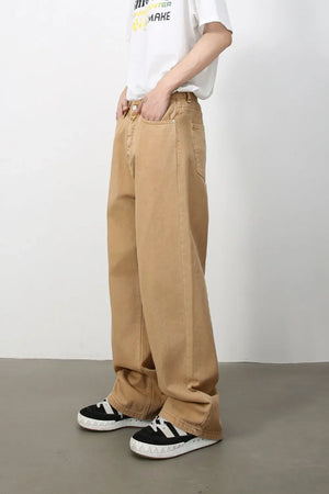 Wide-leg khaki denim trousers with a relaxed fit and casual styling.