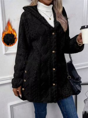 Black hooded fleece trench coat with cable knit texture and gold button details.