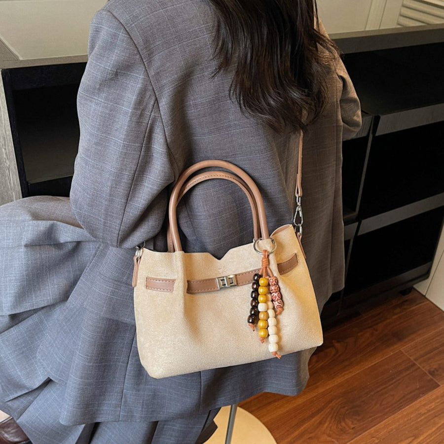 Decorative Lock Suede Handbag Tote Bag in Black