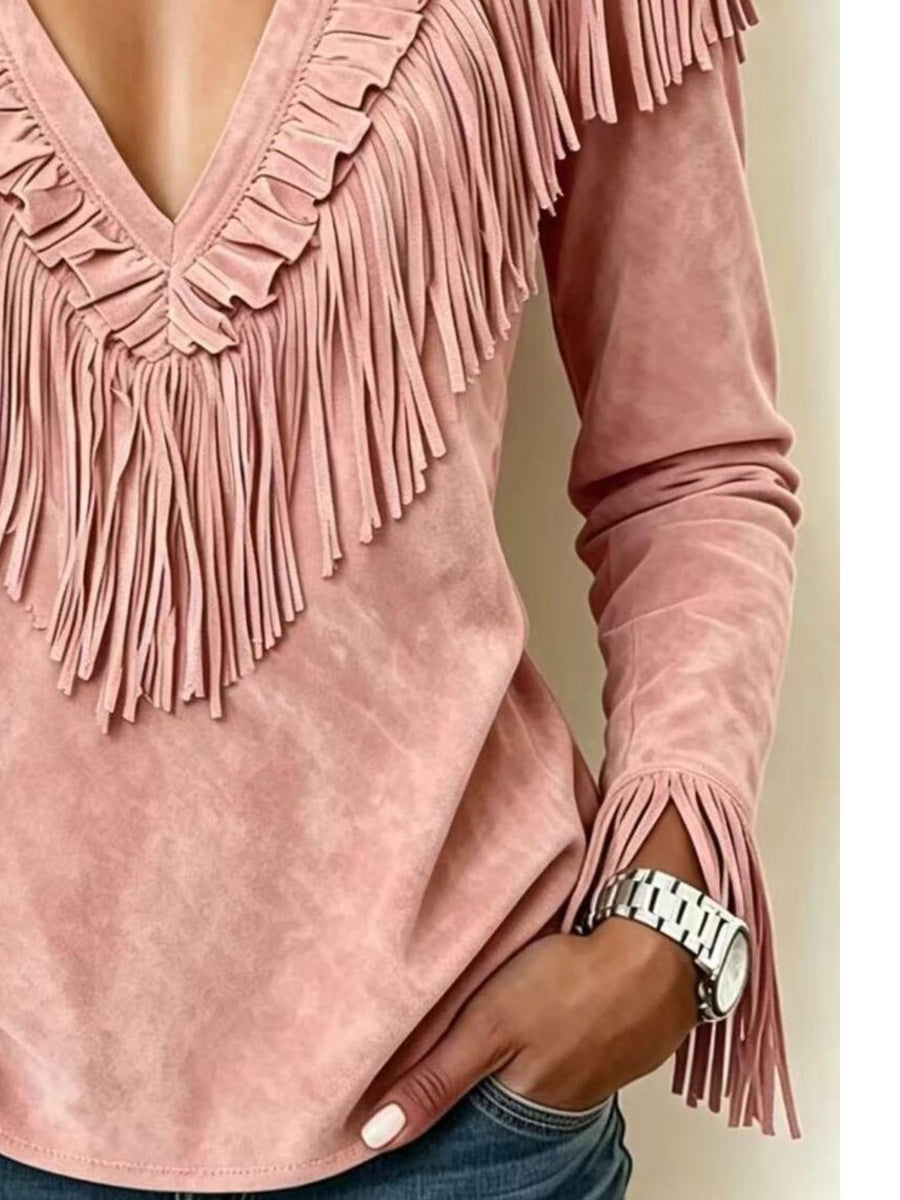Fringed V-Neck Blouse in Army Green with fringed