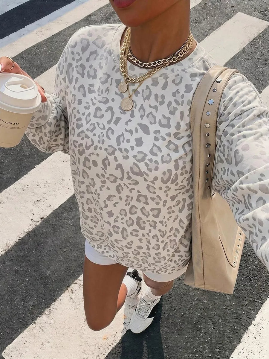 gray sweatshirt featuring stretch and leopard-print