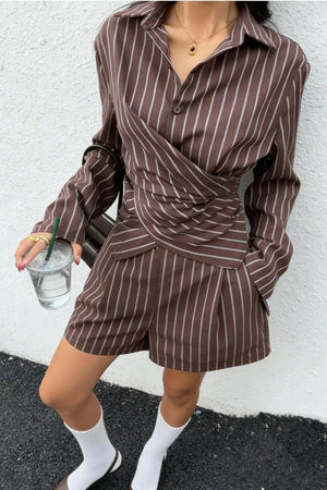 brown two-piece set with striped and collared