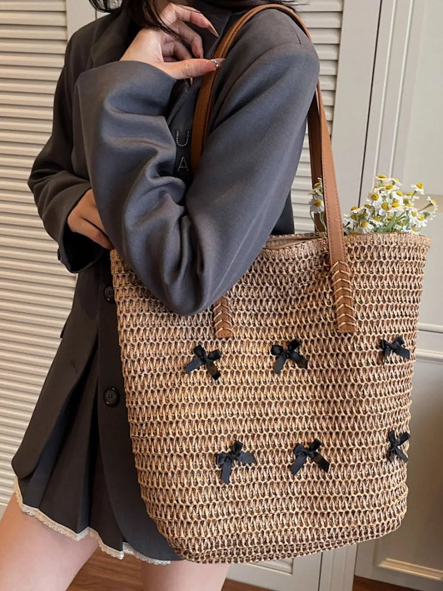 Woven Straw Bow Handbag in natural tan with woven