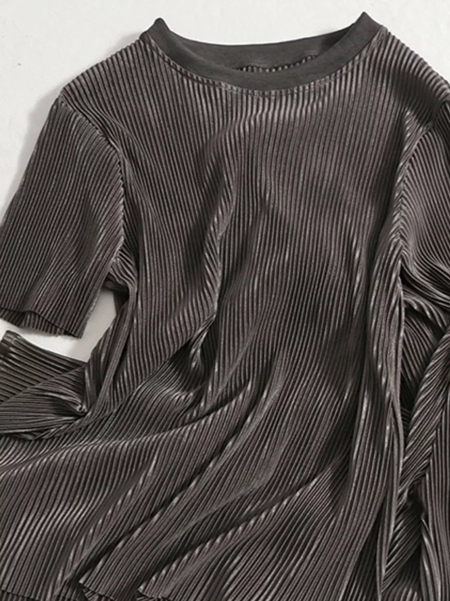 Dark Gray pleated two-piece set with a crew neck and short sleeves.