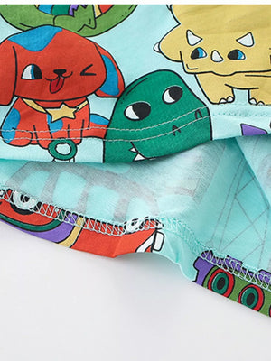 Boys' cotton underwear with a cartoon dinosaur and dog print on a light blue background.