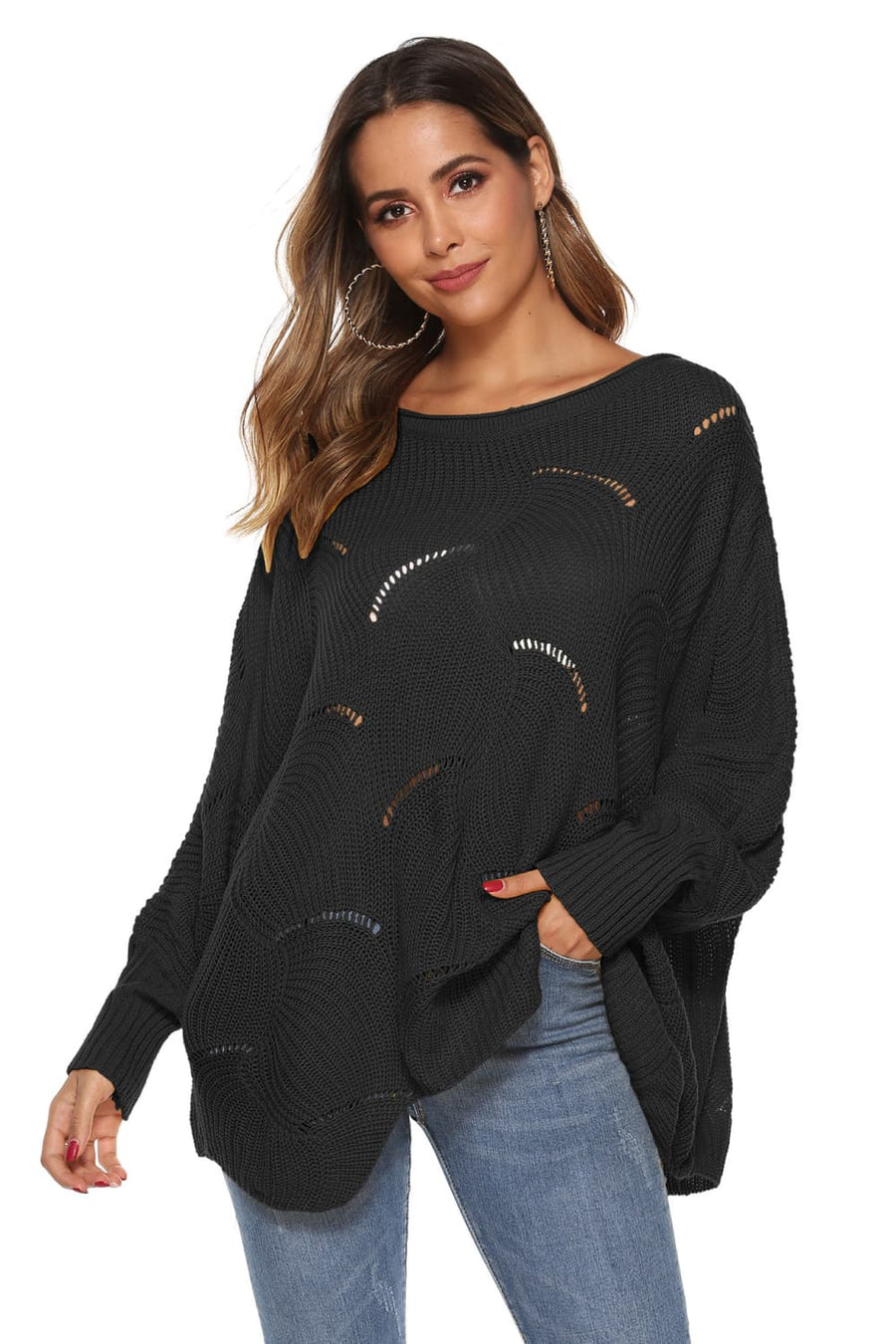Black openwork cocoon sleeve knit sweater with boat neck and ribbed cuffs.